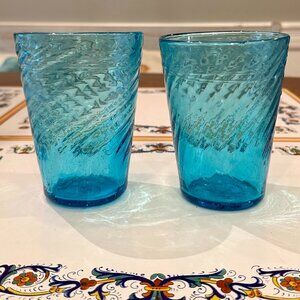 vintage hand-blown aqua blue swirl glass cups